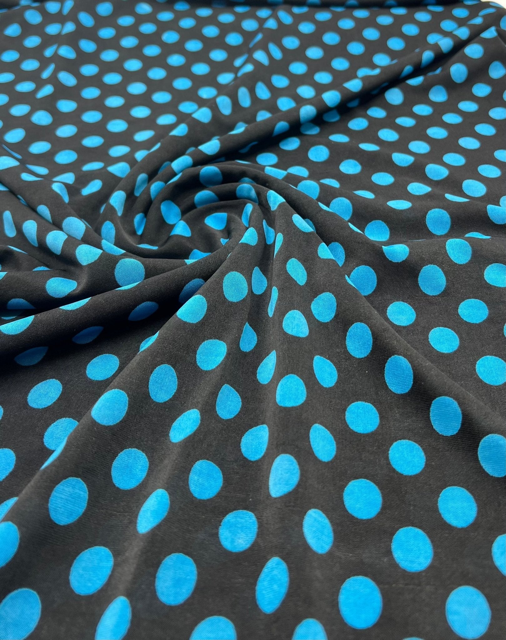 Black Blue Polka Spot Print Soft Touch 4 Way Stretch Fabric - T9 Fabrics